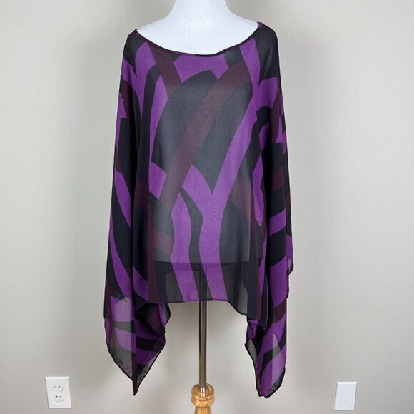 Draped Blouse Top Womens Large‎ Purple Black Sheer Geometric Statement Sleeve 14 - Picture 2 of 16